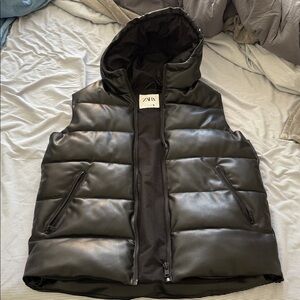 Zara Black Feaux Leather Puffer Vest